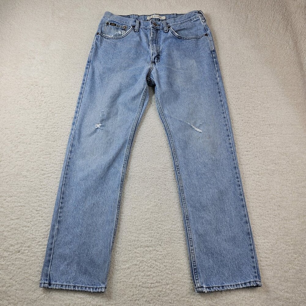 Lee Jeans Mens 34x32 Y2K Blue Denim Light Stone Wash Regular Fit Distressed Norm